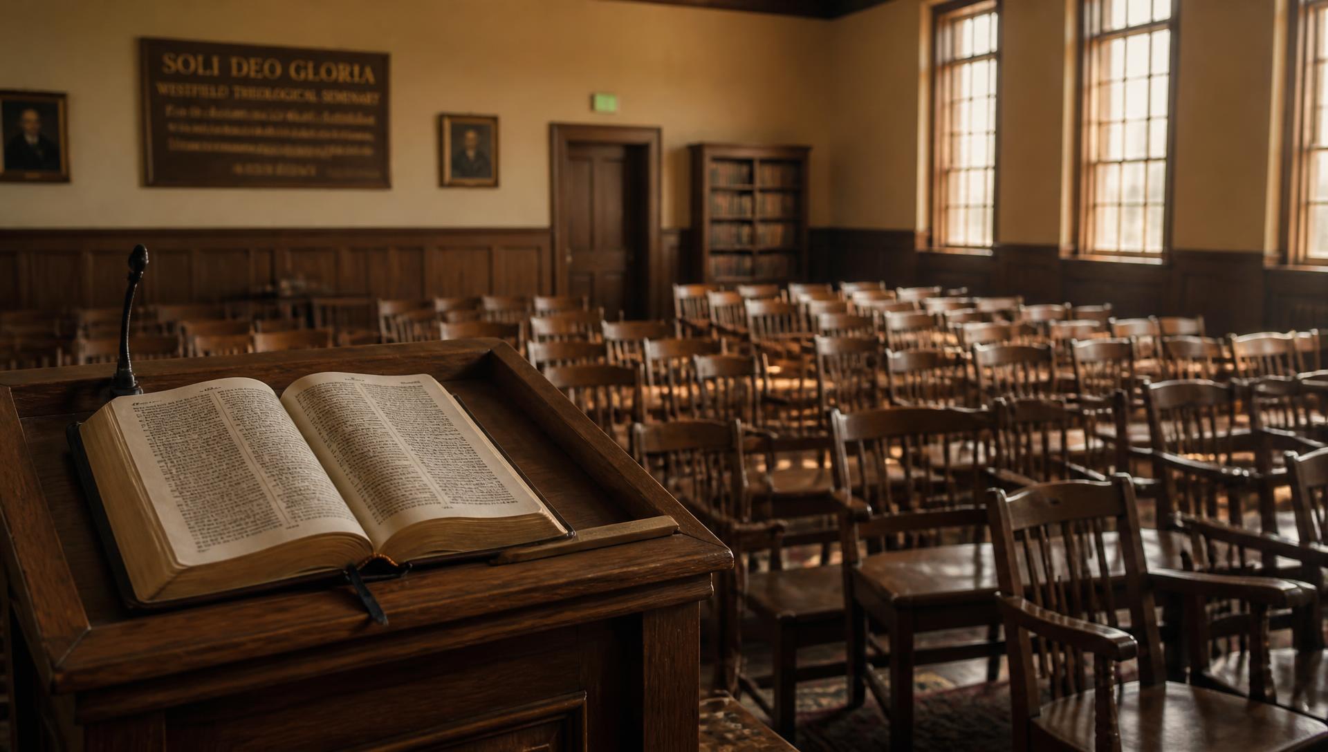 A lectern with an open Bible in a warm, empty seminary lecture hall
